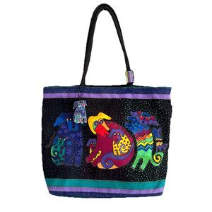 Laurel Burch Dog Doggie Tote Bag XL Canvas Double Padded Shoulder Strap Bright